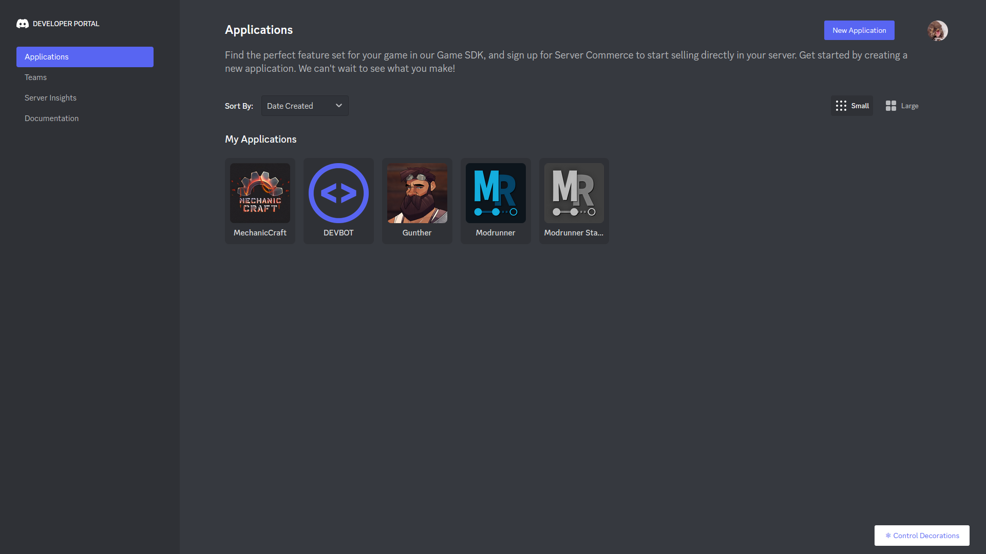 screenshot of the applications page on the discord dev portal