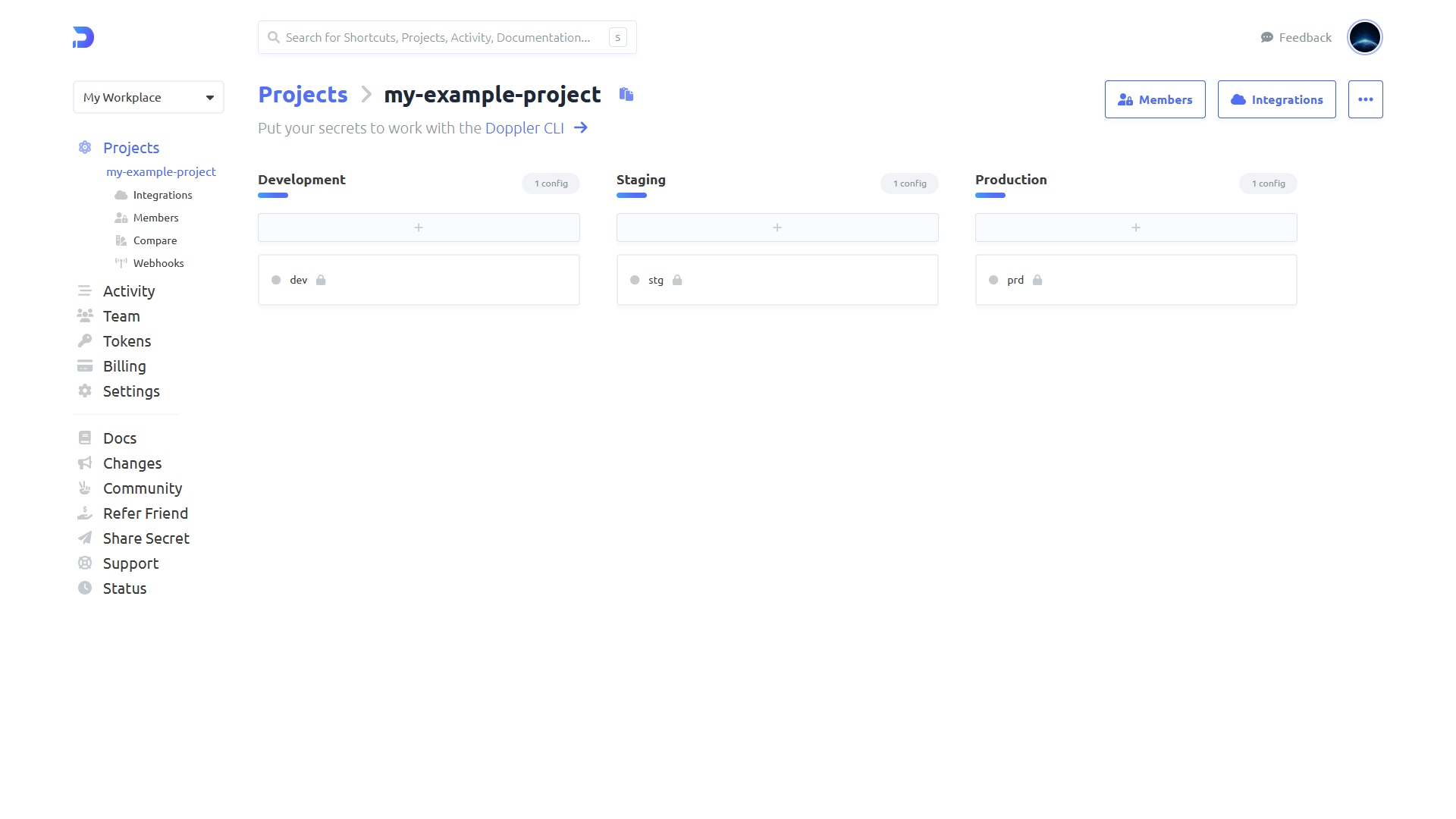 screenshot of Doppler's project environments page
