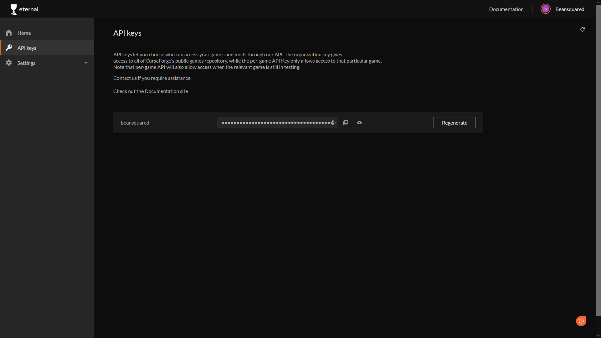 screenshot of enternal, curseforge's dev console
