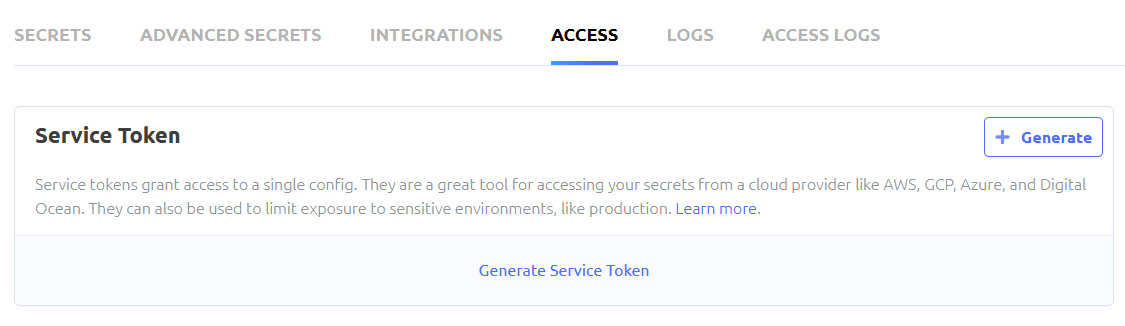 screenshot of the service tokens screen on Doppler
